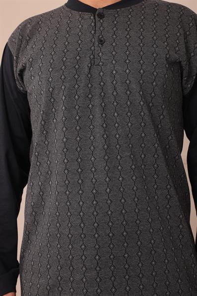 Erkek Yakası İki Düğmeli Uzun Kol Jakarlı Penye Pijama Takımı