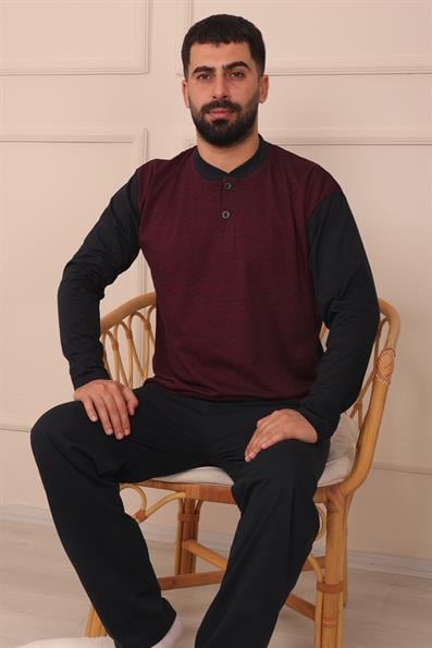 Erkek Yakası İki Düğmeli Uzun Kol Jakarlı Penye Pijama Takımı