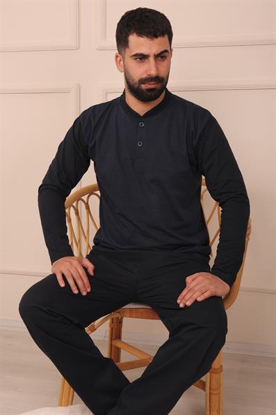 Erkek Yakası İki Düğmeli Uzun Kol Jakarlı Penye Pijama Takımı