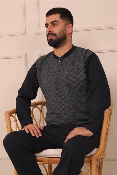 Erkek Yakası İki Düğmeli Uzun Kol Jakarlı Penye Pijama Takımı