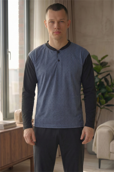 Erkek Yakası İki Düğmeli Uzun Kol Jakarlı Penye Pijama Takımı
