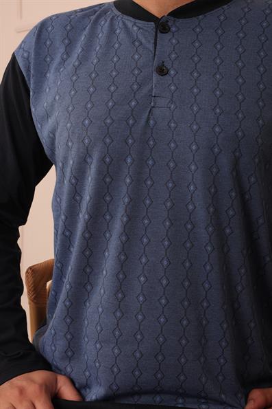 Erkek Yakası İki Düğmeli Uzun Kol Jakarlı Penye Pijama Takımı