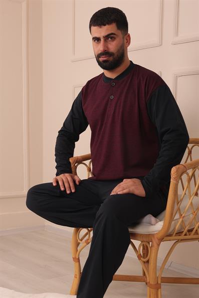 Erkek Yakası İki Düğmeli Uzun Kol Jakarlı Penye Pijama Takımı
