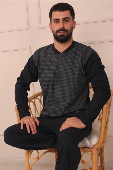 Erkek Yakası İki Düğmeli Uzun Kol Jakarlı Penye Pijama Takımı