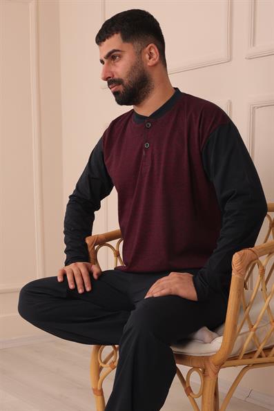 Erkek Yakası İki Düğmeli Uzun Kol Jakarlı Penye Pijama Takımı