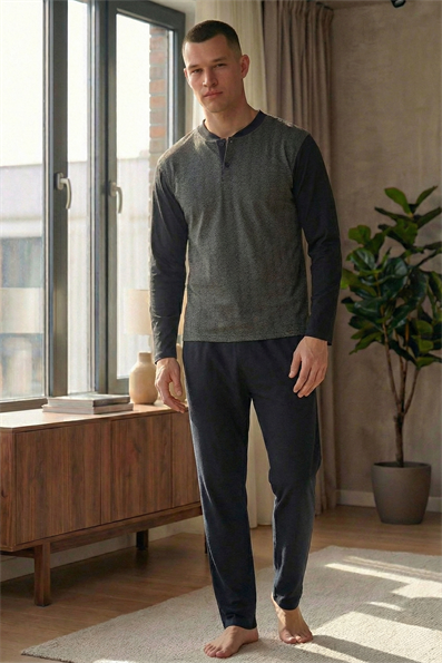 Erkek Yakası İki Düğmeli Uzun Kol Jakarlı Penye Pijama Takımı