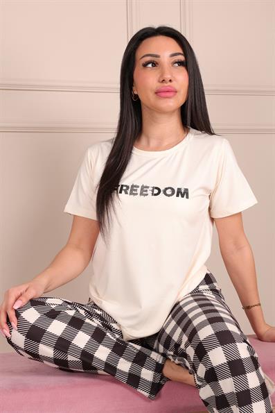 Freedoom Sloganlı Kısa Kol Altı Uzun Pijama Takımı KREM