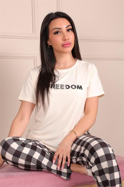 Freedoom Sloganlı Kısa Kol Altı Uzun Pijama Takımı KREM