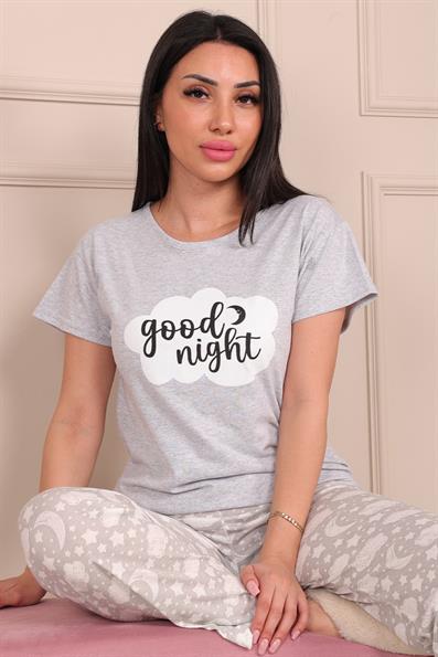 Good Night Sloganlı Kısa Kol Alt Uzun Pijama Takımı GRİ
