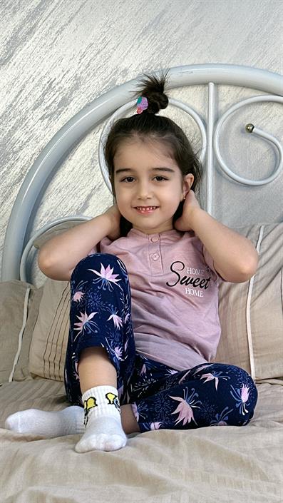 Dusty Rose Three Button Flower Patterned Girls Pajama Set DRY ROSE