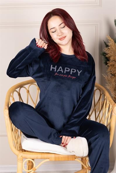 Happy Sloganlı Uzun Kollu Kadife Pijama Takımı LACİVERT