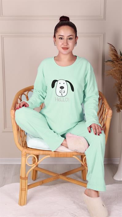 Hello Sloganlı Fitilli Uzun Kollu Pijama Takımı MİNT
