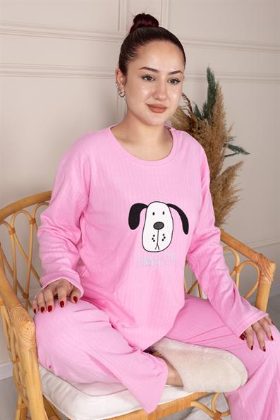 Hello Slogan Dog Pattern Embroidered Ribbed Long Sleeve Pajama Set PINK