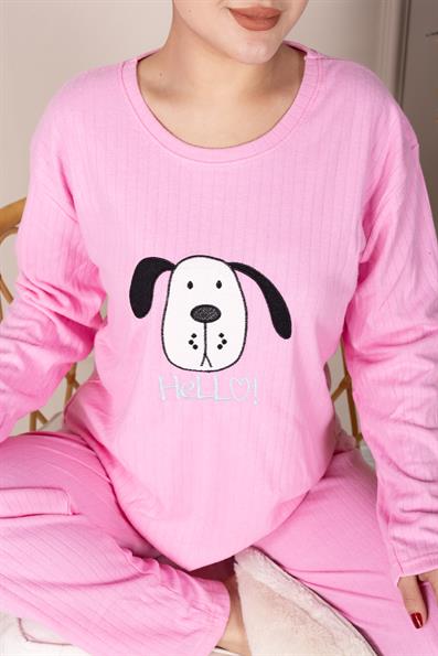 Hello Slogan Dog Pattern Embroidered Ribbed Long Sleeve Pajama Set PINK