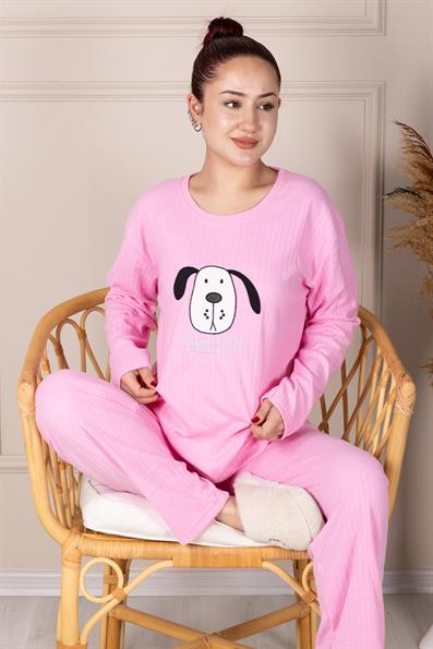 Hello Slogan Dog Pattern Embroidered Ribbed Long Sleeve Pajama Set PINK