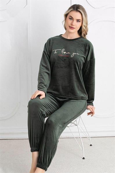 I Love You Sloganlı Uzun Kollu Kadife Pijama Takımı HAKI