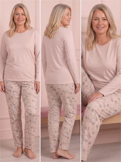 Kadın Altı Çiçek Desenli Bisiklet Yaka Uzun Kol Altı Uzun Viskon Pijama Takımı