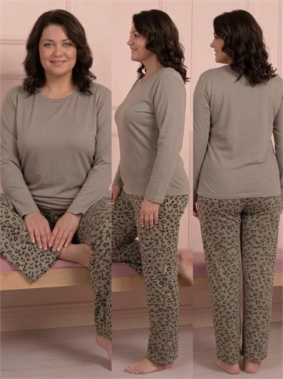 Kadın Altı Leopar Desenli Bisiklet Yaka Uzun Kol Altı Uzun Viskon Pijama Takımı