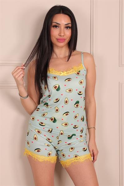 Kadın Avokado Desenli İp Askılı Şortlu Pijama Takımı MİNT