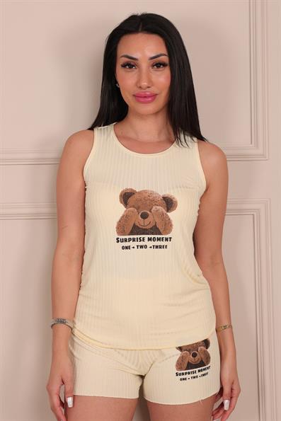 Kadın Ayıcık Baskılı Kalın Askılı Şortlu Viskon Pijama Takımı