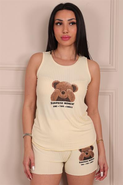 Kadın Ayıcık Baskılı Kalın Askılı Şortlu Viskon Pijama Takımı