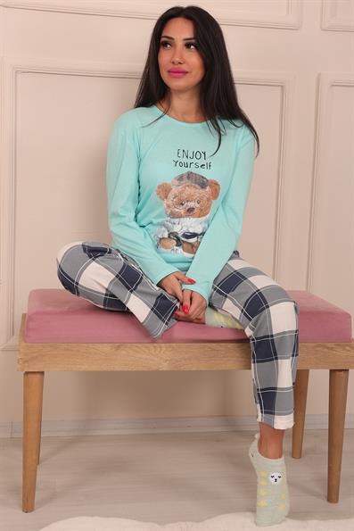 Kadın Ayıcık Baskılı ve Altı Ekose Desenli Bisiklet Yaka Uzun Kol Altı Uzun Penye Pijama Takımı