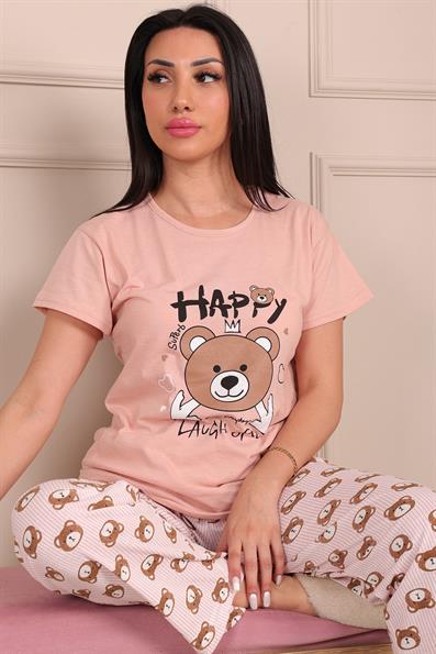 Kadın Ayıcık Baskılı ve Sloganlı Bisiklet Yaka Altı Uzun Kısa Kol Penye Pijama Takımı