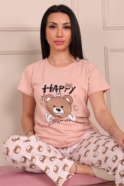 Kadın Ayıcık Baskılı ve Sloganlı Bisiklet Yaka Altı Uzun Kısa Kol Penye Pijama Takımı