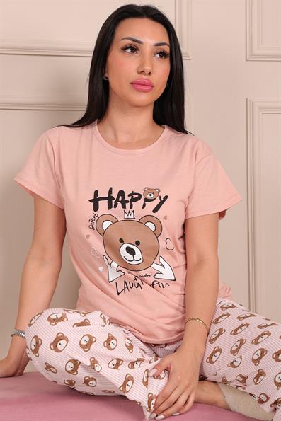 Kadın Ayıcık Baskılı ve Sloganlı Bisiklet Yaka Altı Uzun Kısa Kol Penye Pijama Takımı