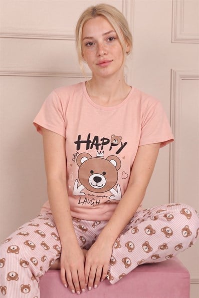Kadın Ayıcık Baskılı ve Sloganlı Bisiklet Yaka Altı Uzun Kısa Kol Penye Pijama Takımı