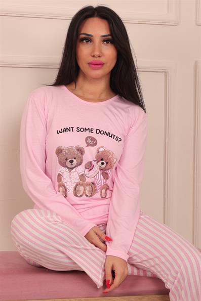 Kadın Ayıcık Desenli Altı Dikey Çizgili Bisiklet Yaka Uzun Kol Altı Uzun Viskon Pijama Takımı