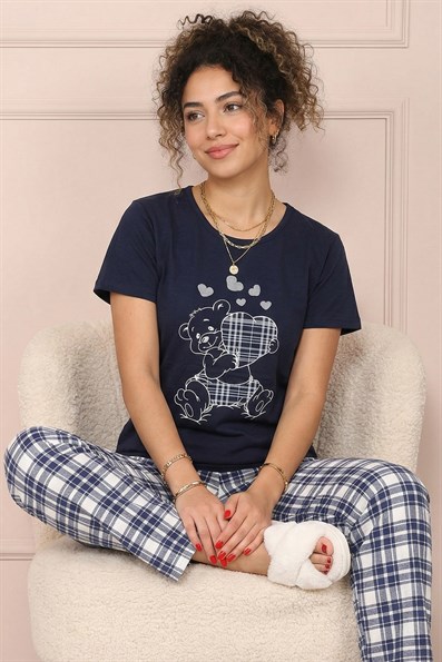 Kadın Ayıcık Desenli Altı Ekoseli Kısa Kol Altı Uzun Penye Pijama Takımı