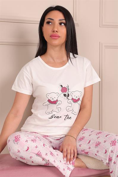 Kadın Paris Sloganlı ve Kalp Desenli Bisiklet Yaka Kısa Kollu Altı Uzun Penye Pijama Takımı