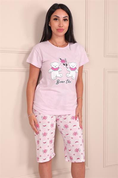 Kadın Ayıcık Desenli Bisiklet Yaka Kısa Kollu Altı Kapri Penye Pijama Takımı