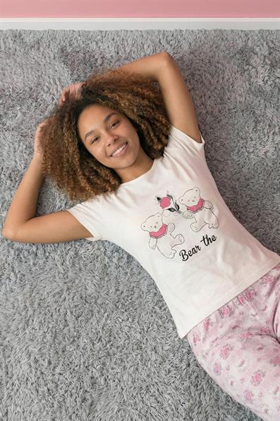 Kadın Paris Sloganlı ve Kalp Desenli Bisiklet Yaka Kısa Kollu Altı Uzun Penye Pijama Takımı
