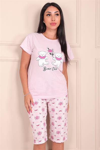 Kadın Ayıcık Desenli Bisiklet Yaka Kısa Kollu Altı Kapri Penye Pijama Takımı