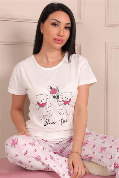 Kadın Paris Sloganlı ve Kalp Desenli Bisiklet Yaka Kısa Kollu Altı Uzun Penye Pijama Takımı