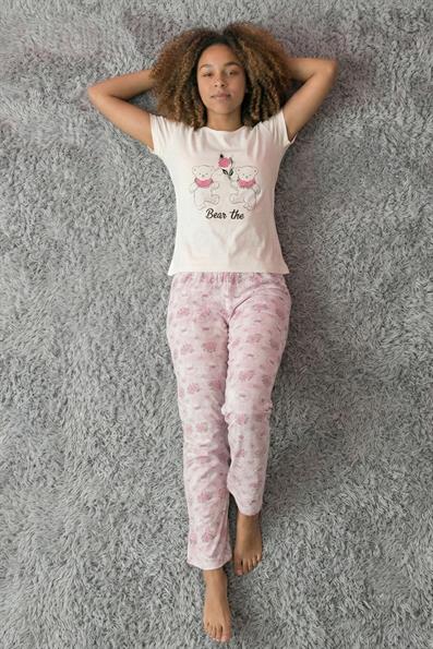 Kadın Paris Sloganlı ve Kalp Desenli Bisiklet Yaka Kısa Kollu Altı Uzun Penye Pijama Takımı