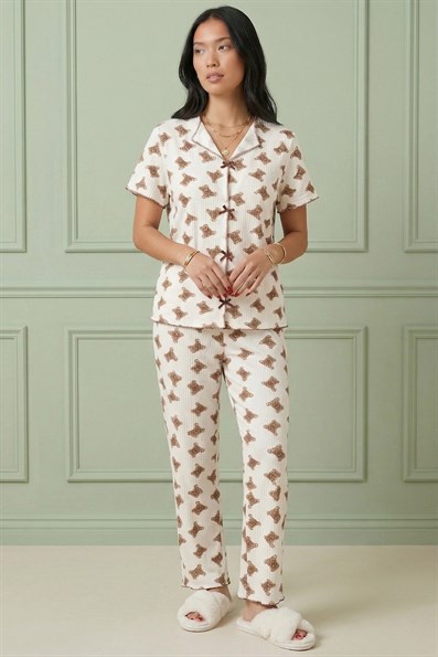 Kadın Ayıcık Desenli Biyeli V Yaka Kısa Kol Altı Uzun Kaşkorse Pijama Takımı