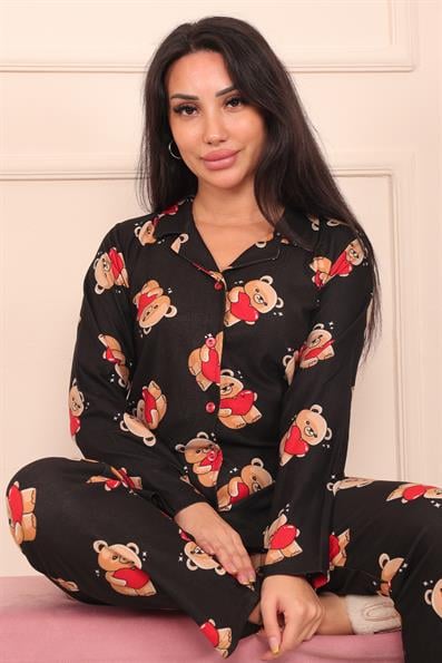 Kadın Ayıcık Desenli Önü Düğmeli Süet Pijama Takımı