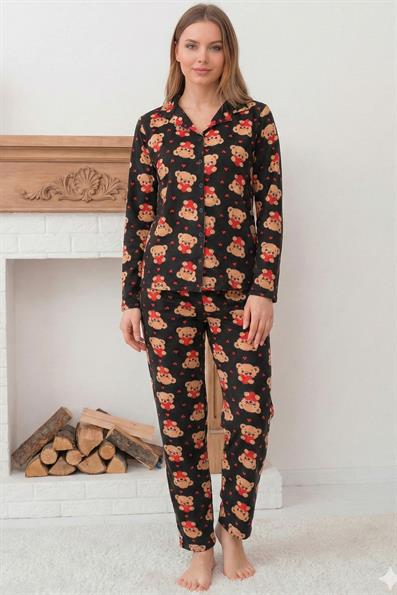 Kadın Ayıcık Desenli Önü Düğmeli Uzun Kol Altı Uzun Süet Pijama Takımı