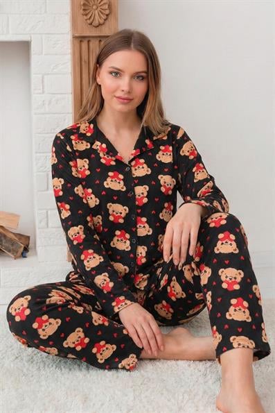 Kadın Ayıcık Desenli Önü Düğmeli Uzun Kol Altı Uzun Süet Pijama Takımı