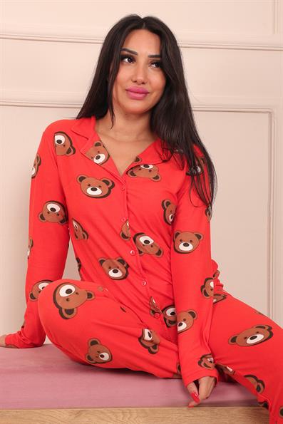 Kadın Ayıcık Desenli Önü Düğmeli Uzun Kol Altı Uzun Süet Pijama Takımı