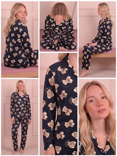 Kadın Ayıcık Desenli Önü Düğmeli Uzun Kol Altı Uzun Süet Pijama Takımı