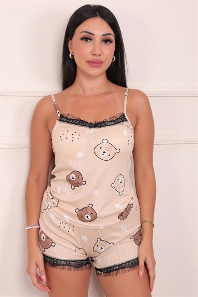 Kadın Ayıcık Desenli Şortlu Pegasus Pijama Takım Bej