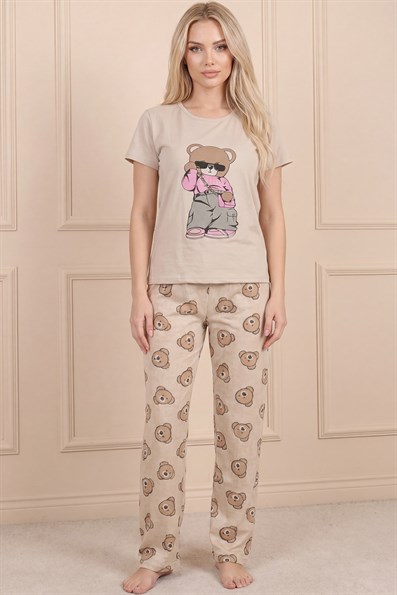 Kadın Ayıcık Desenli ve Altı Desenli Penye Kısa Kol Pijama Takımı