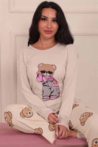 Kadın Ayıcık Desenli ve Baskılı Bisiklet Yaka Uzun Kol Altı Uzun Penye Pijama Takımı