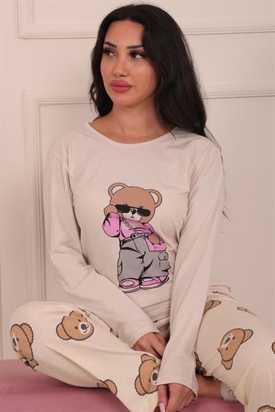 Kadın Ayıcık Desenli ve Baskılı Bisiklet Yaka Uzun Kol Altı Uzun Penye Pijama Takımı