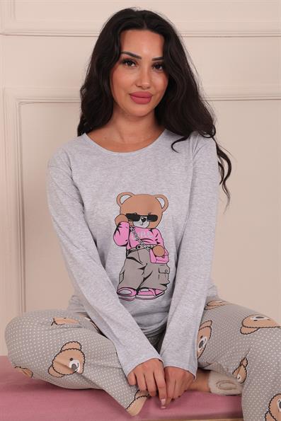 Kadın Ayıcık Desenli ve Baskılı Bisiklet Yaka Uzun Kol Altı Uzun Penye Pijama Takımı