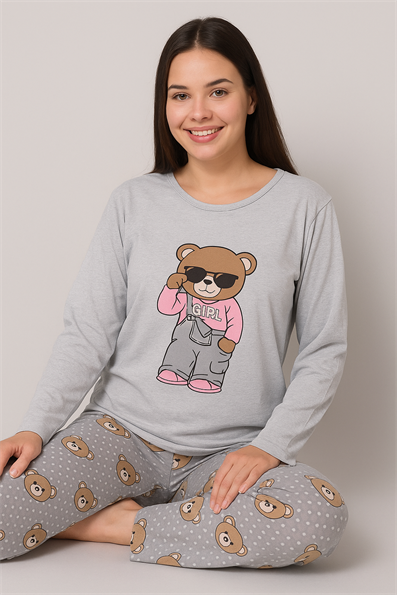 Kadın Ayıcık Desenli ve Baskılı Bisiklet Yaka Uzun Kol Altı Uzun Penye Pijama Takımı